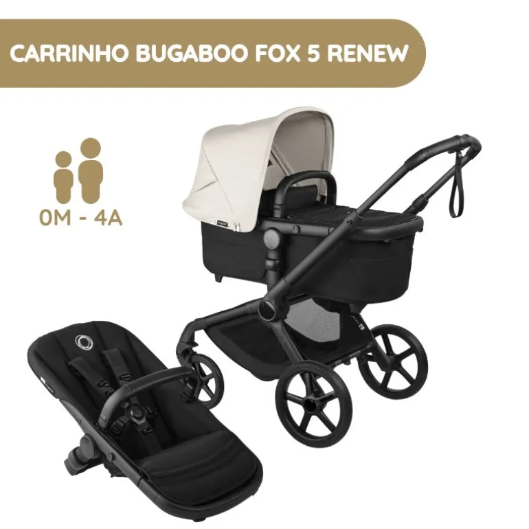 Carrinho de Bebé Bugaboo Fox 5 Renew - Negro/Negro Clássico-Branco Neblina