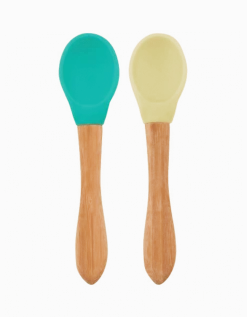 Minikoioi Colheres em Silicone e Bambu - Verde e Amarelo