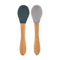 Minikoioi Colheres em Silicone e Bambu - Deep Blue/Powder Grey