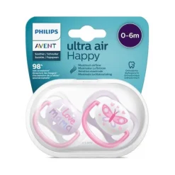 Philips Avent - 2 Chupetas - Ultra Air - Happy - 0-6 M - Menina