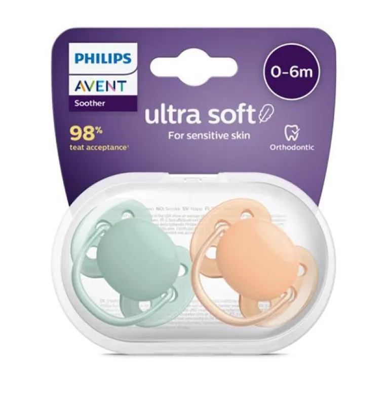 Philips Avent - 2 Chupetas - Ultra Soft 0-6M - Lisas Verde/Ocre